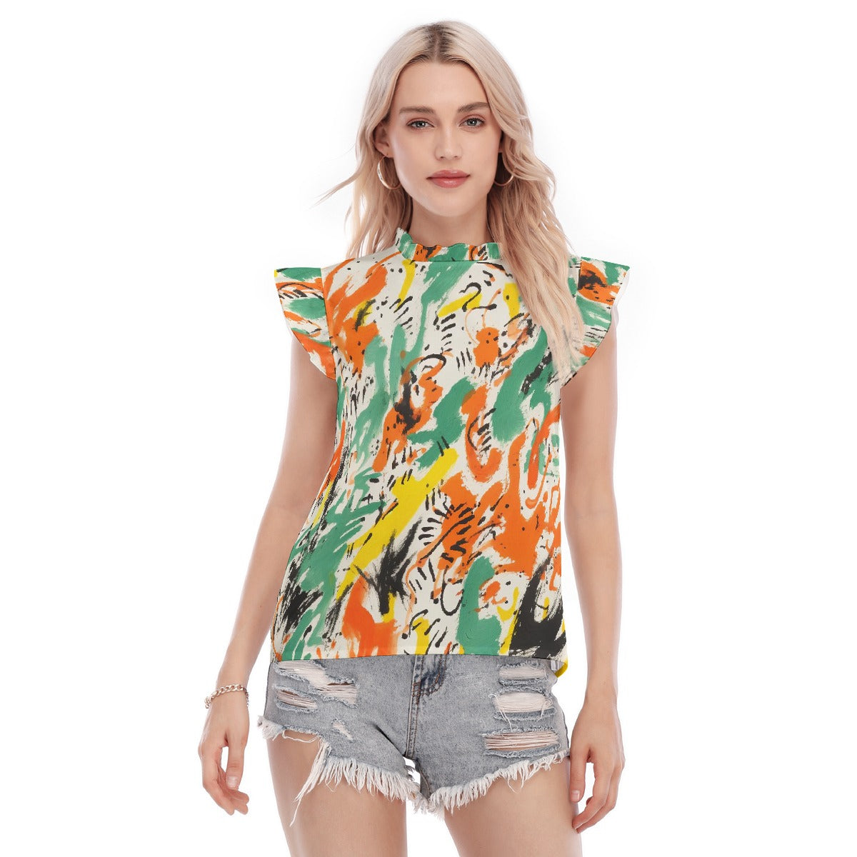 All-Over Print Women's Blouse With Ruffle Collar And Sleeve