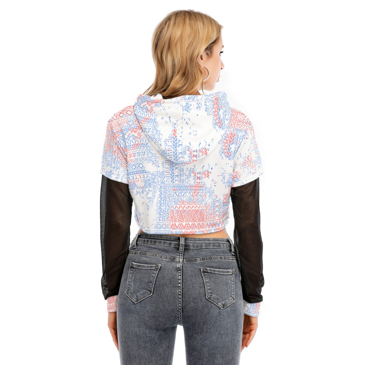 All-Over Print Women's Fake Two-piece Mesh Sleeve Cropped Hoodie