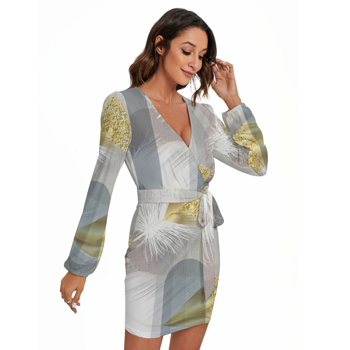 All-Over Print Women's Long Sleeve Dress With Waist Belt