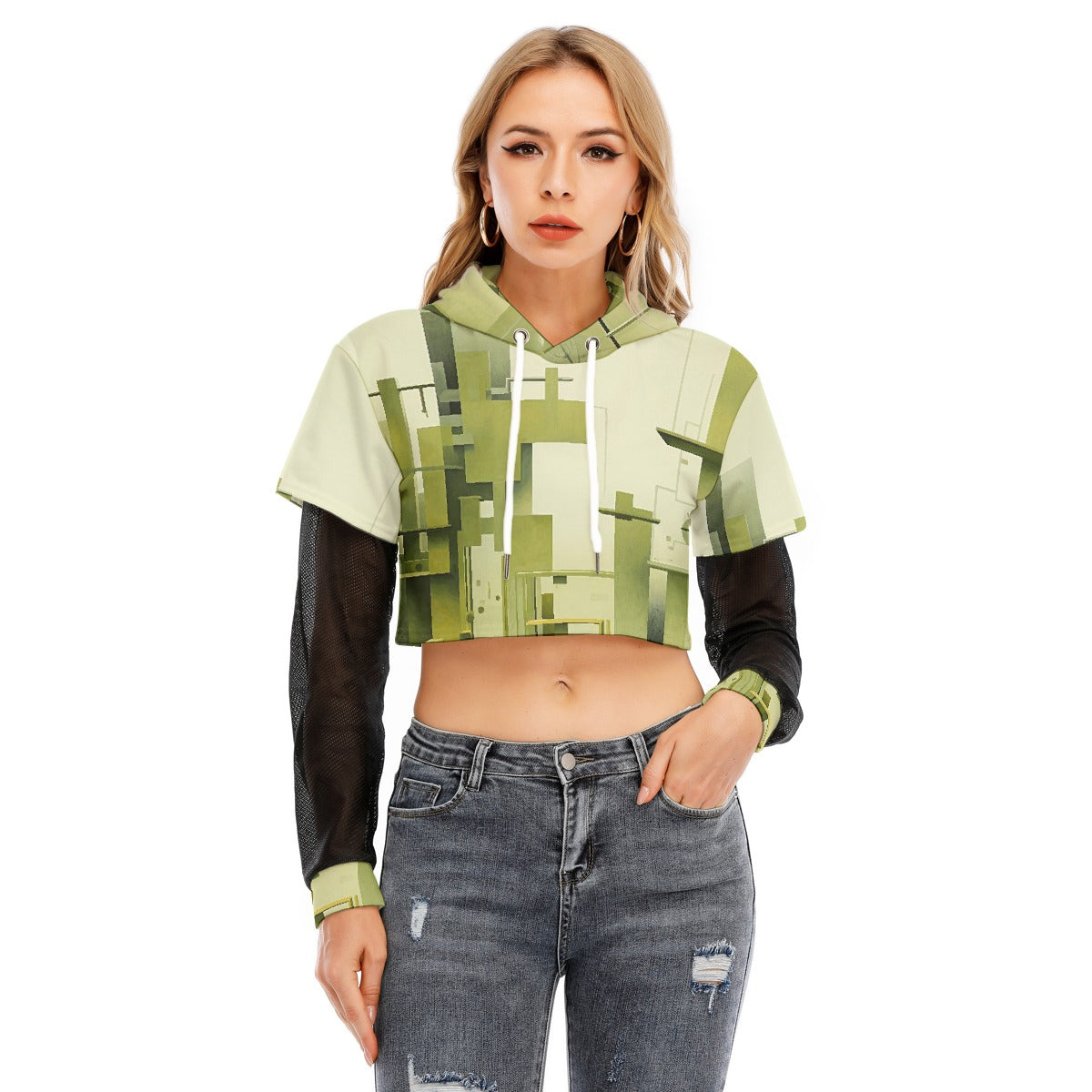 All-Over Print Women's Fake Two-piece Mesh Sleeve Cropped Hoodie