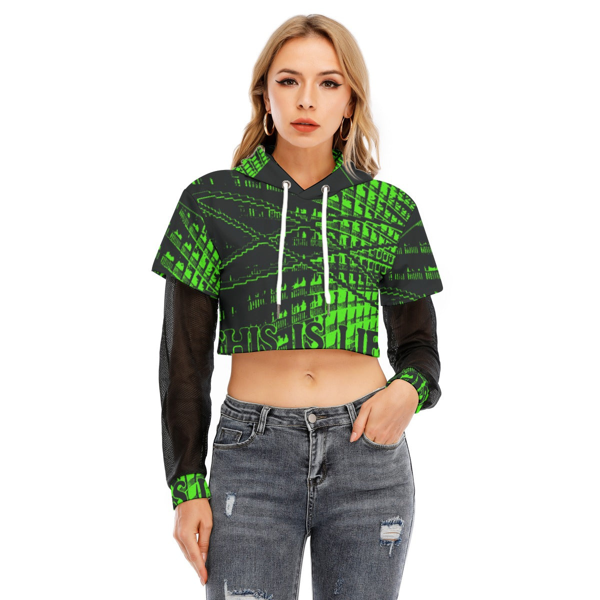 All-Over Print Women's Fake Two-piece Mesh Sleeve Cropped Hoodie