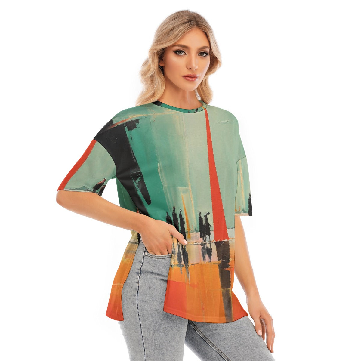 All-Over Print Women's Short Sleeves T-shirt With Hem Split