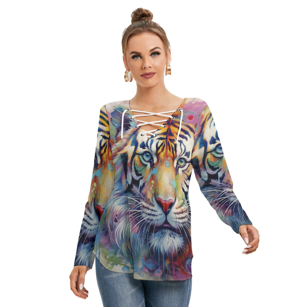 All-Over Print Women's Long Sleeve Neckline Tie Sweatshirt