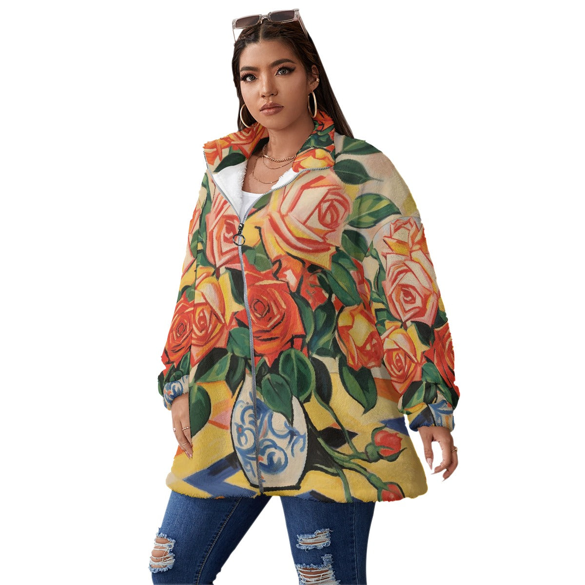 All-Over Print Unisex Borg Fleece Stand-up Collar Coat With Zipper Closure(Plus Size)