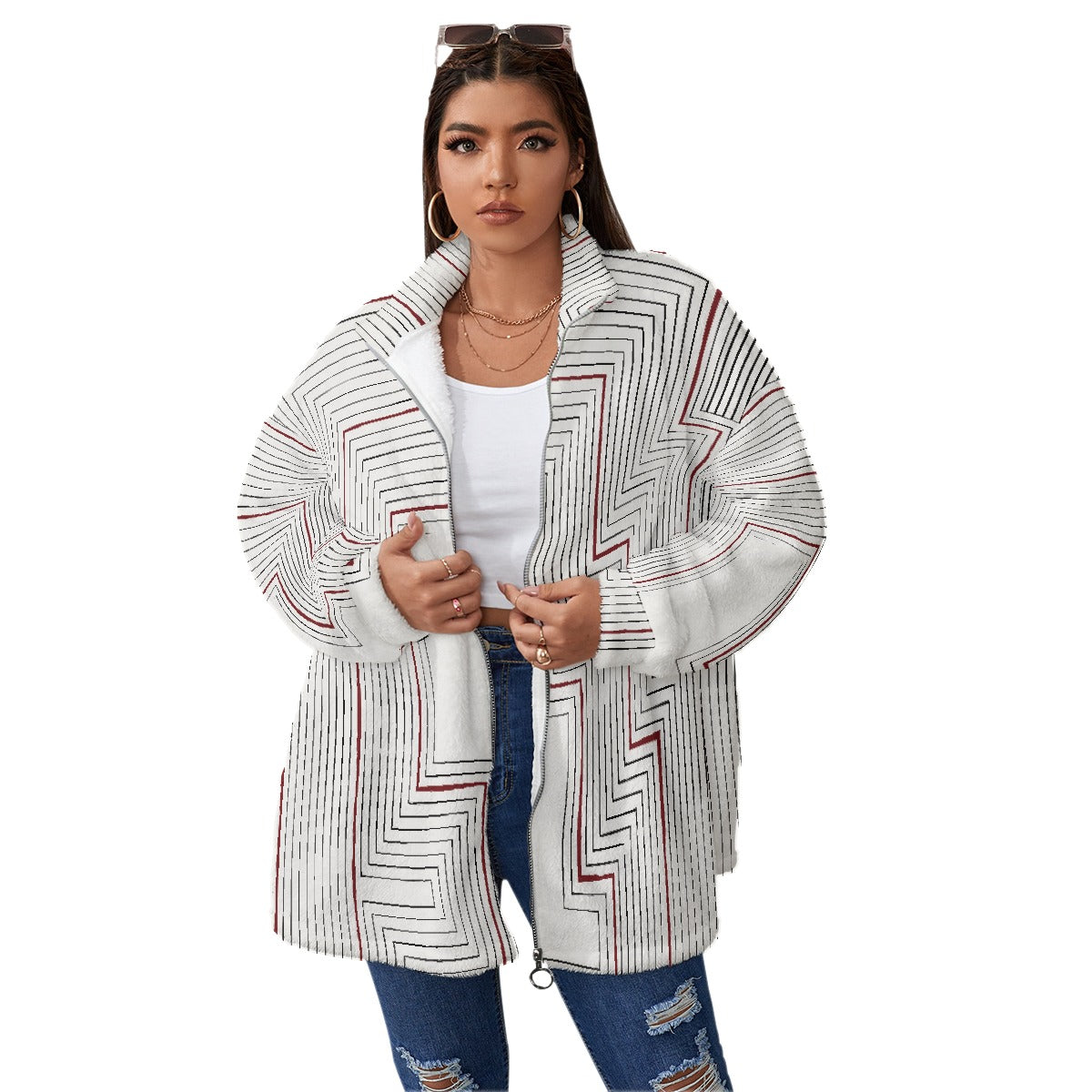 All-Over Print Unisex Borg Fleece Stand-up Collar Coat With Zipper Closure(Plus Size)