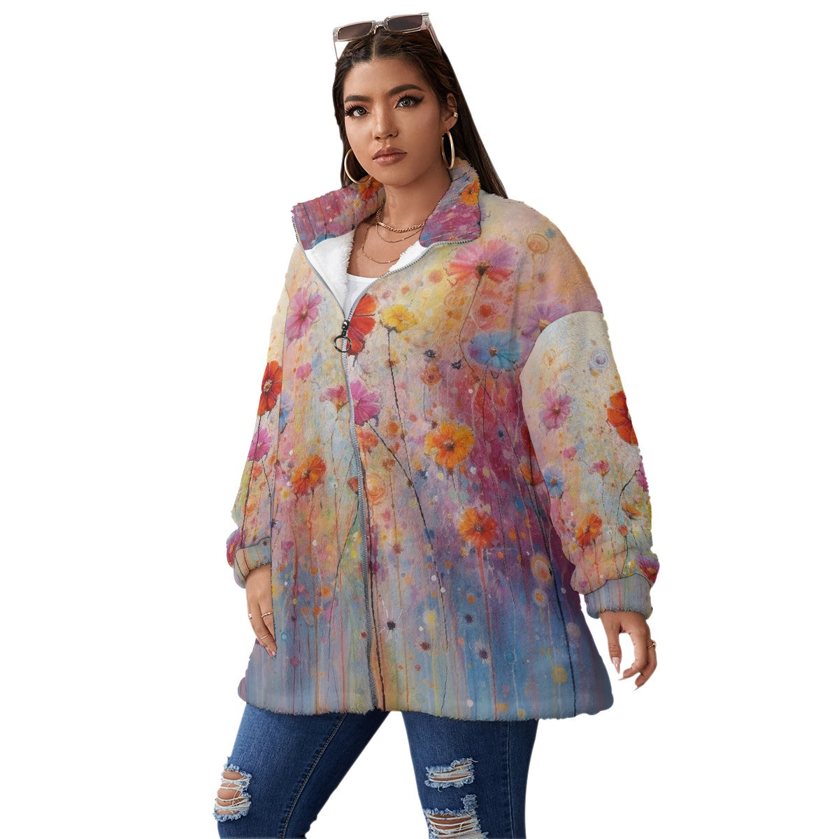 All-Over Print Unisex Borg Fleece Stand-up Collar Coat With Zipper Closure(Plus Size)