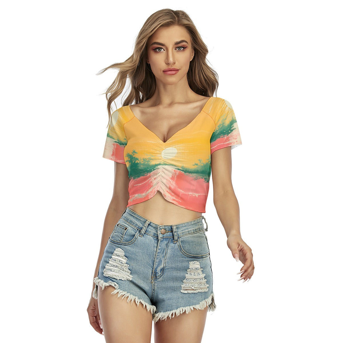 All-Over Print Women's Raglan Drawstring Front  Crop Tee