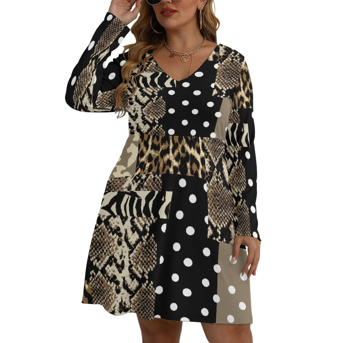 All-Over Print Women's V-neck Long Sleeve Dress(Plus Size)