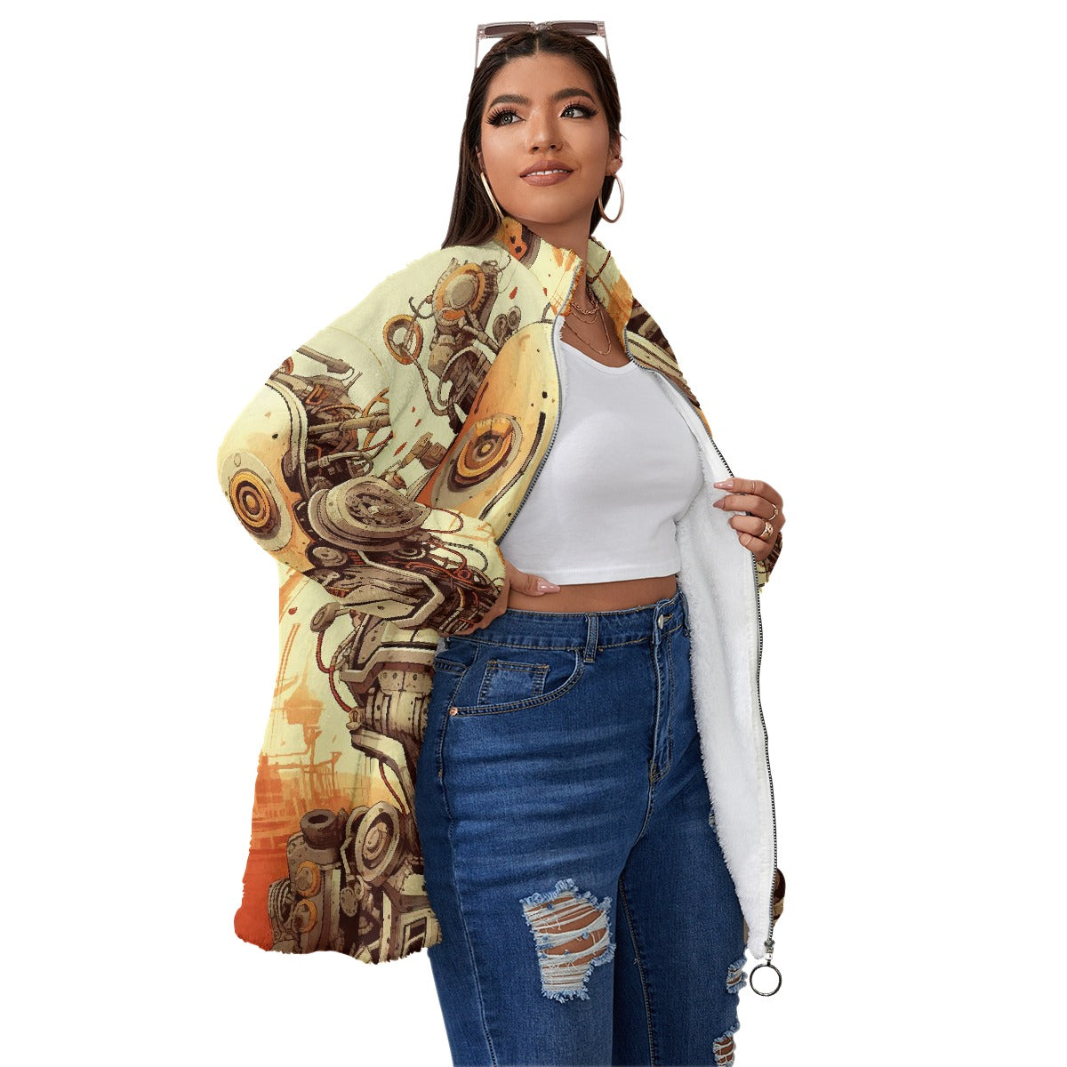 All-Over Print Unisex Borg Fleece Stand-up Collar Coat With Zipper Closure(Plus Size)