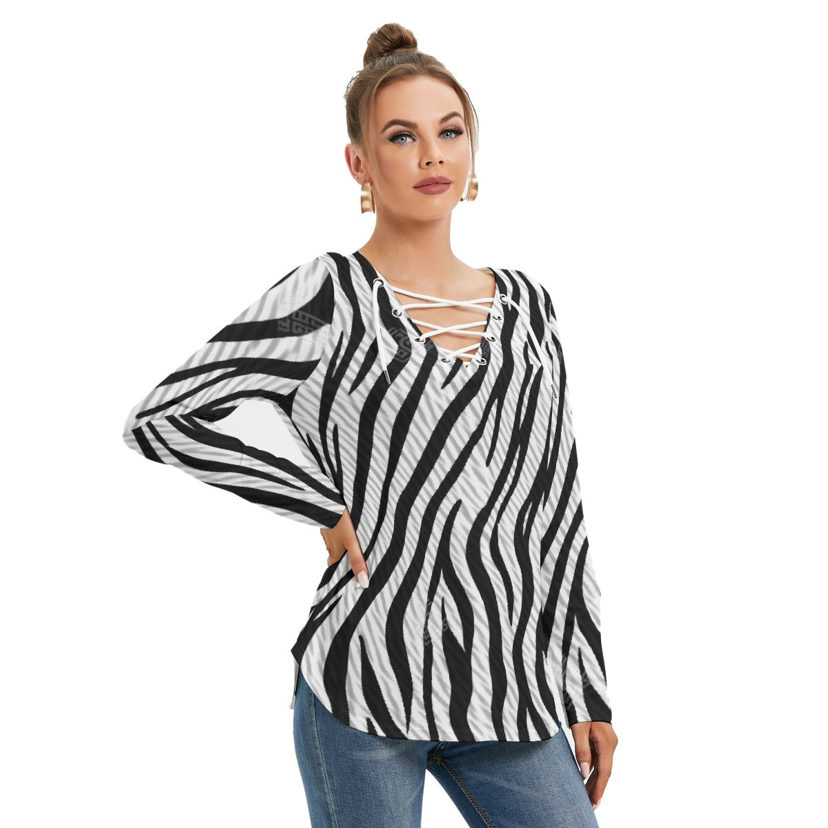 All-Over Print Women's Long Sleeve Neckline Tie Sweatshirt