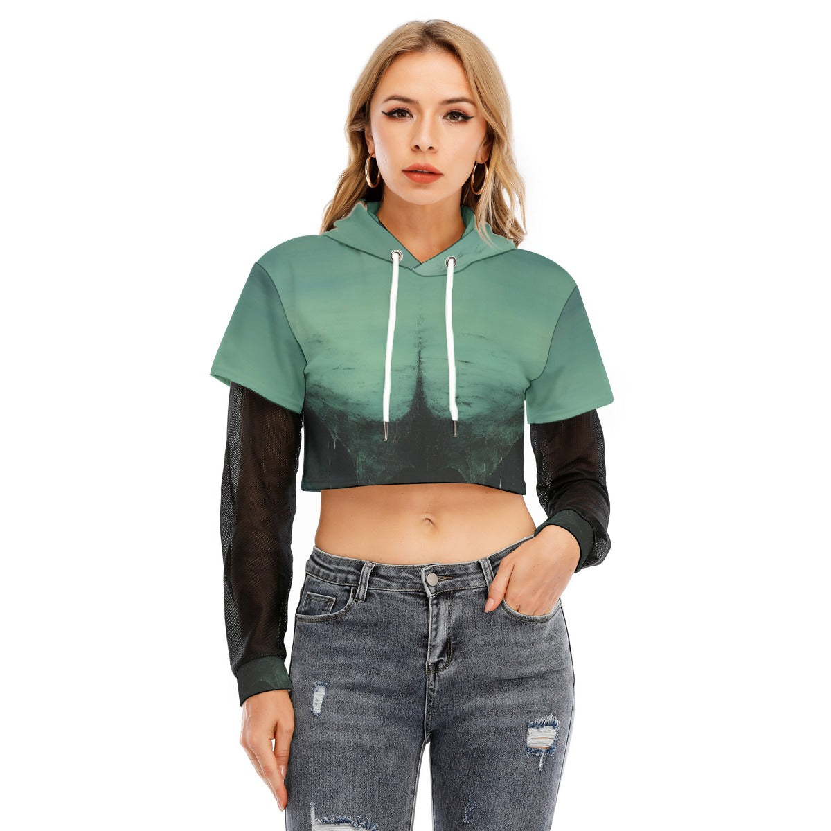 All-Over Print Women's Fake Two-piece Mesh Sleeve Cropped Hoodie