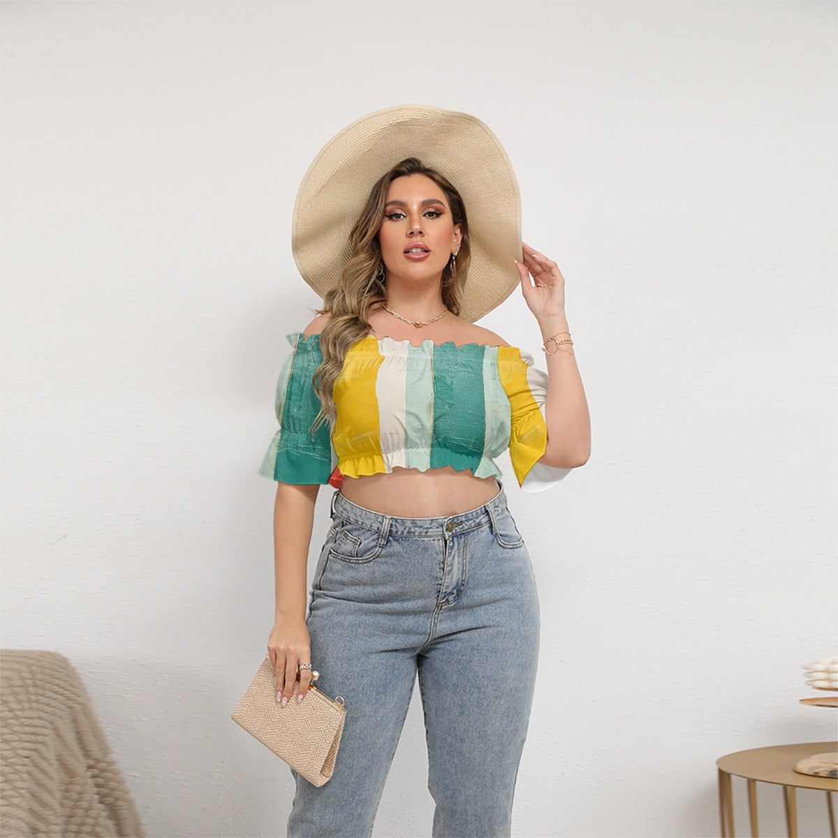 All-Over Print Women's Off-shoulder Cropped Top With Short Puff Sleeve