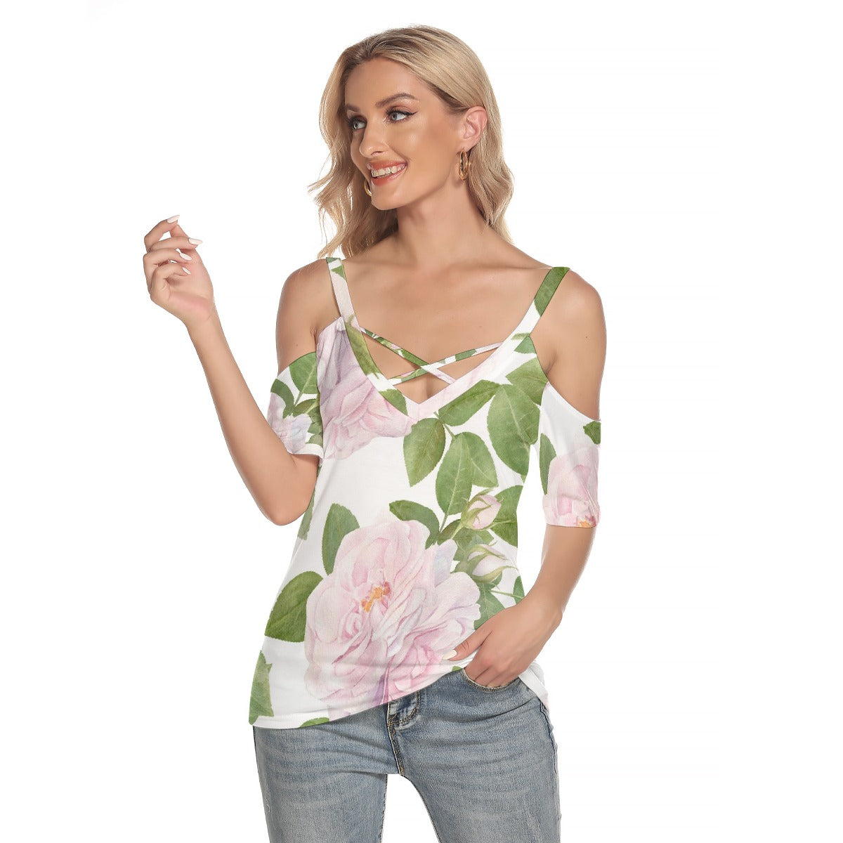 All-Over Print Women's Cold Shoulder T-shirt With Criss Cross Strips