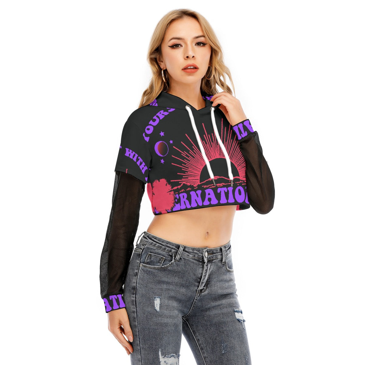 All-Over Print Women's Fake Two-piece Mesh Sleeve Cropped Hoodie