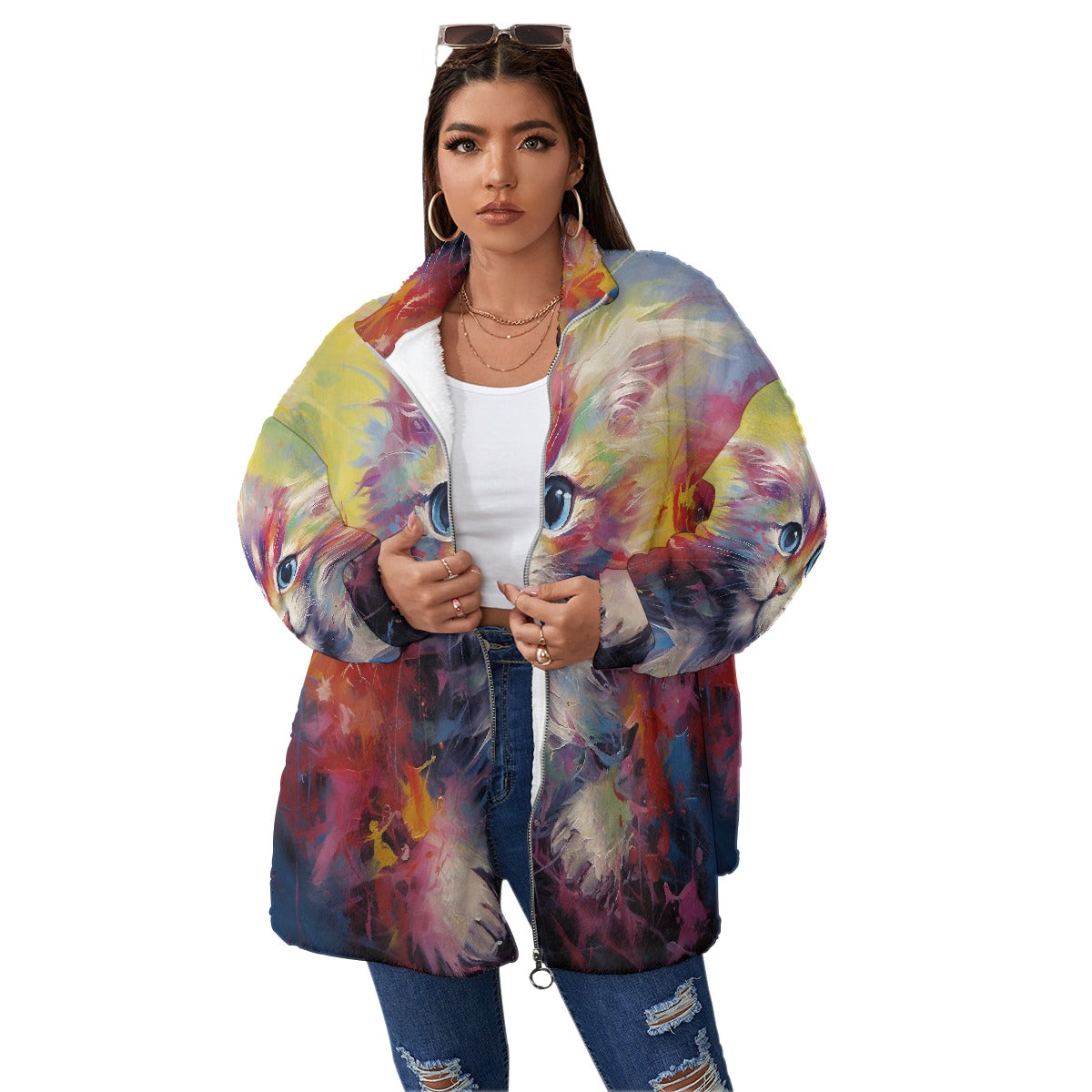 All-Over Print Unisex Borg Fleece Stand-up Collar Coat With Zipper Closure(Plus Size)