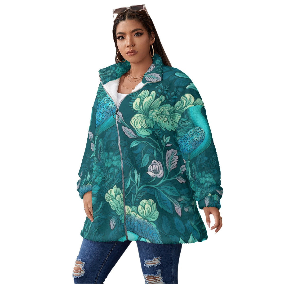 All-Over Print Unisex Borg Fleece Stand-up Collar Coat With Zipper Closure(Plus Size)