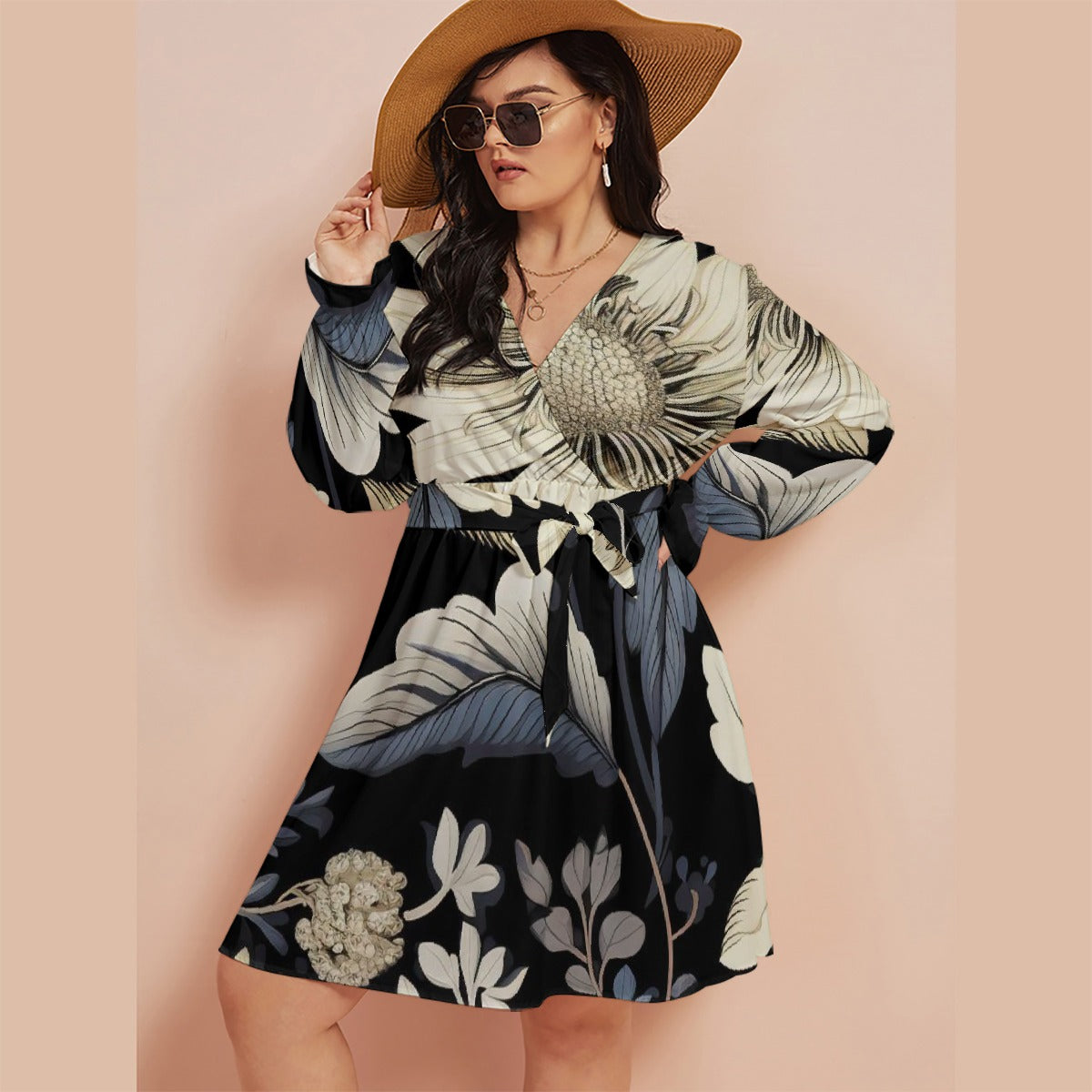 All-Over Print Women's V-neck Dress With Waistband(Plus Size)