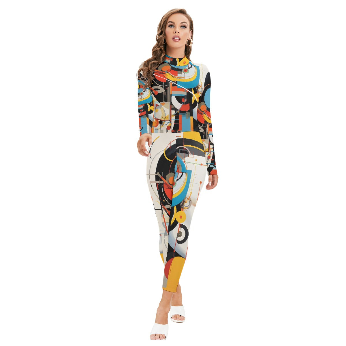 All-Over Print Women's Long-sleeved High-neck Jumpsuit With Zipper