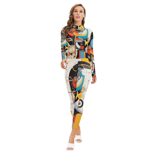 All-Over Print Women's Long-sleeved High-neck Jumpsuit With Zipper