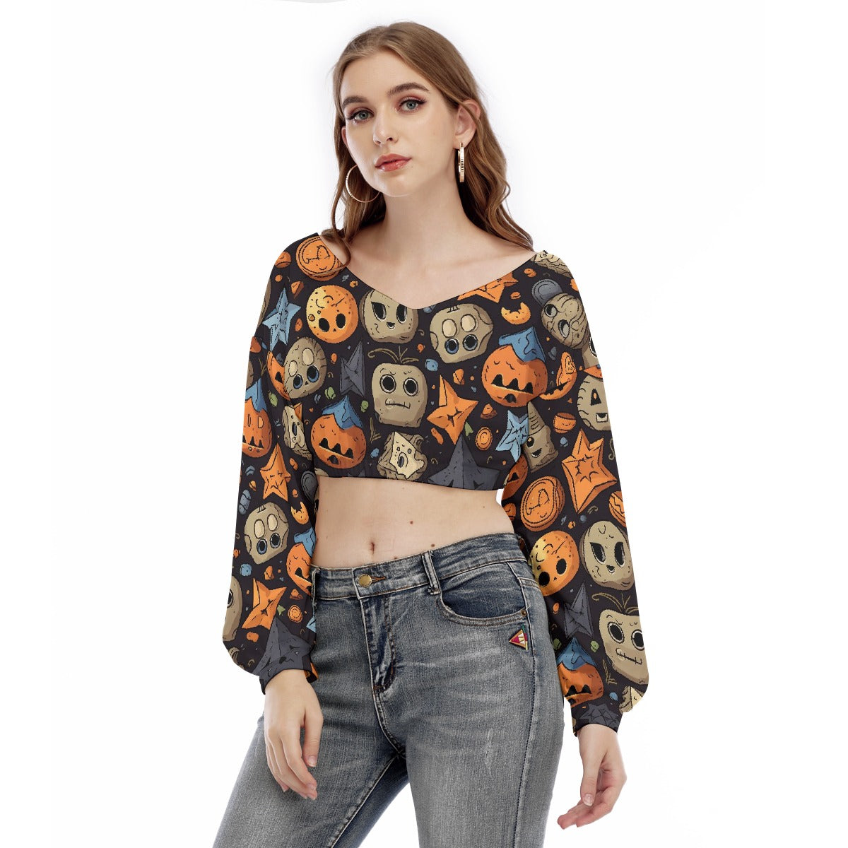 All-Over Print Women's V-neck Long Sleeve Cropped Sweatshirt
