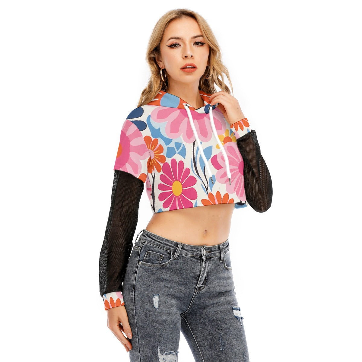 All-Over Print Women's Fake Two-piece Mesh Sleeve Cropped Hoodie