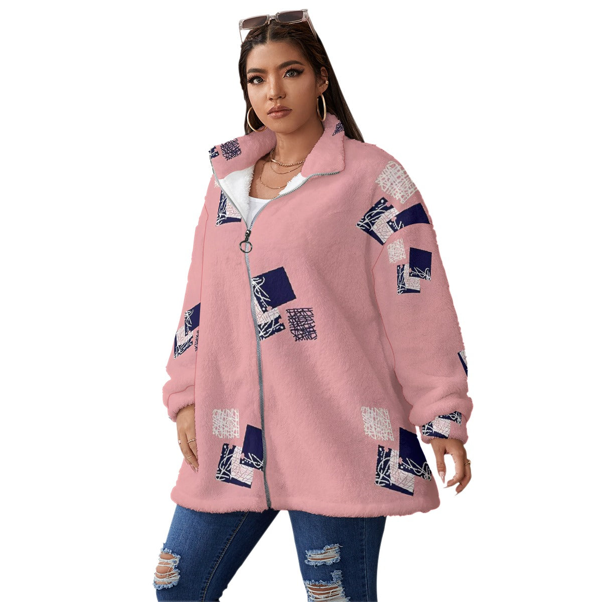 All-Over Print Unisex Borg Fleece Stand-up Collar Coat With Zipper Closure(Plus Size)