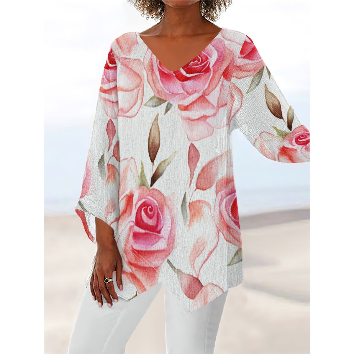 All-Over Print Women's V-neck T-shirt With Irregular Hem