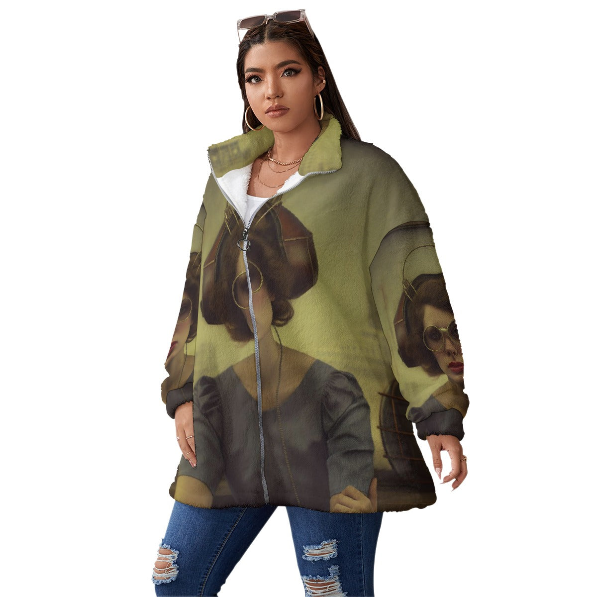 All-Over Print Unisex Borg Fleece Stand-up Collar Coat With Zipper Closure(Plus Size)