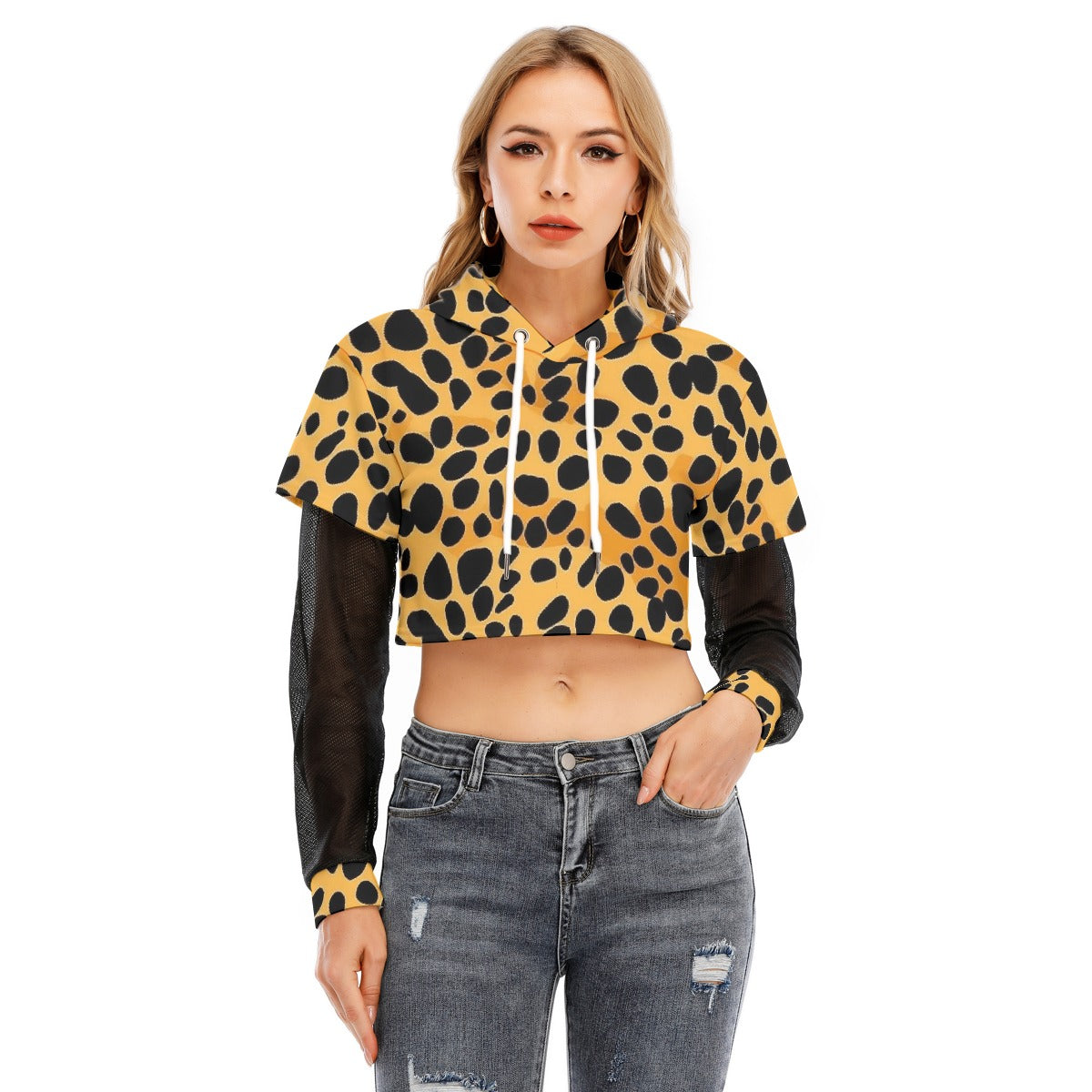 All-Over Print Women's Fake Two-piece Mesh Sleeve Cropped Hoodie