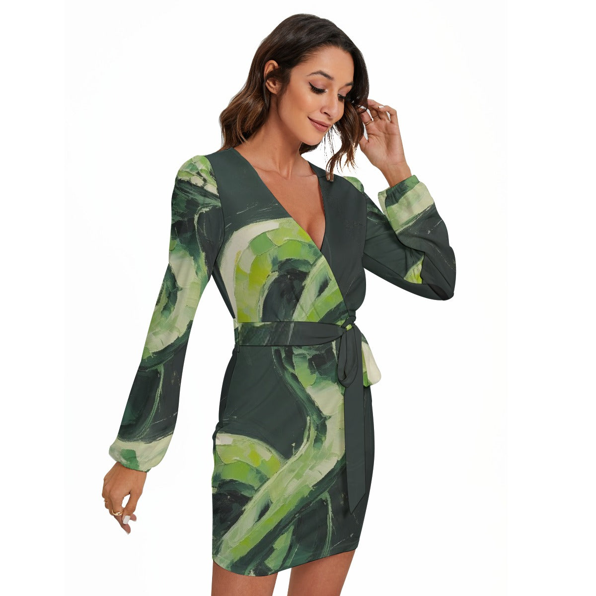 All-Over Print Women's Long Sleeve Dress With Waist Belt
