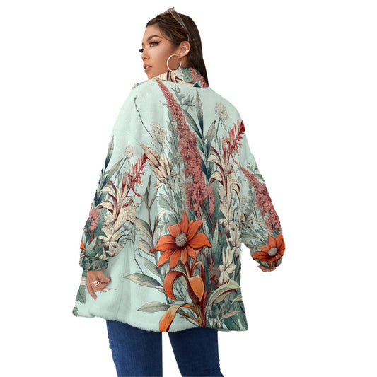 All-Over Print Unisex Borg Fleece Stand-up Collar Coat With Zipper Closure(Plus Size)