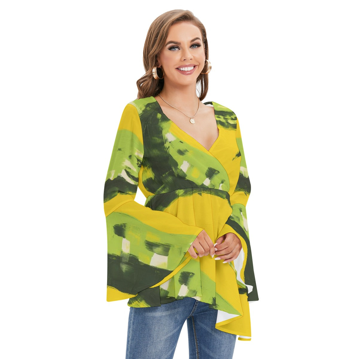 All-Over Print Women's V-neck Blouse With Flared Sleeves