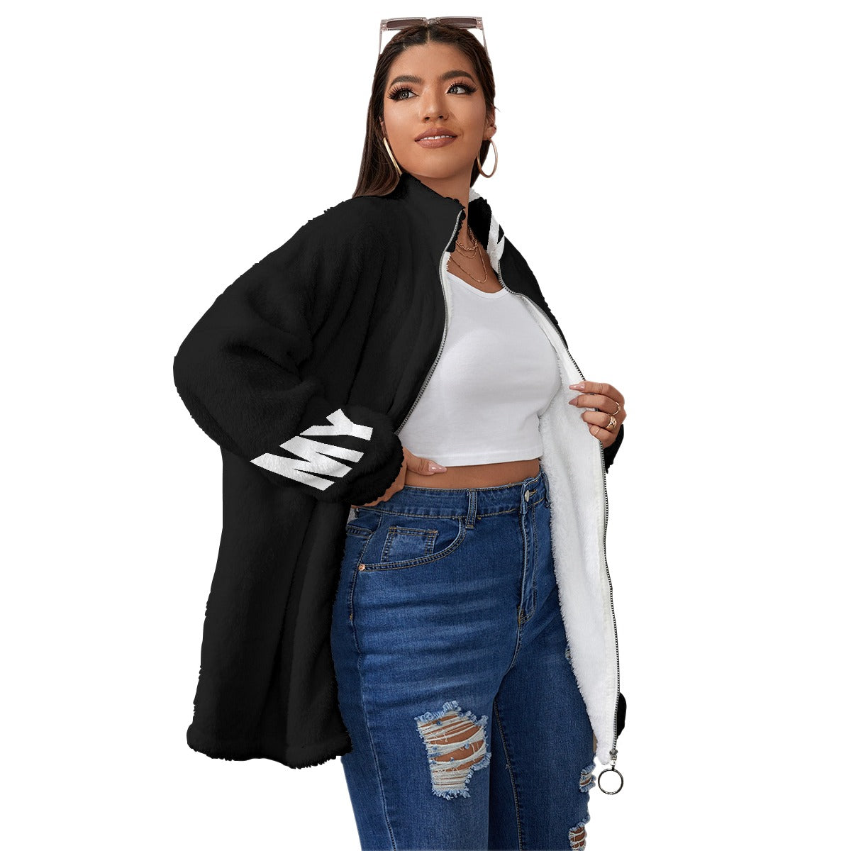 All-Over Print Unisex Borg Fleece Stand-up Collar Coat With Zipper Closure(Plus Size)