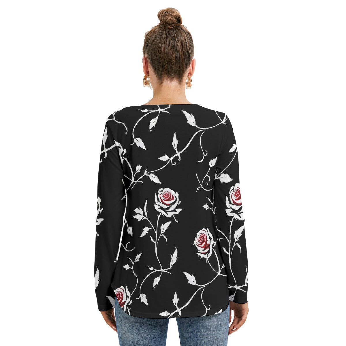 All-Over Print Women's Long Sleeve Neckline Tie Sweatshirt