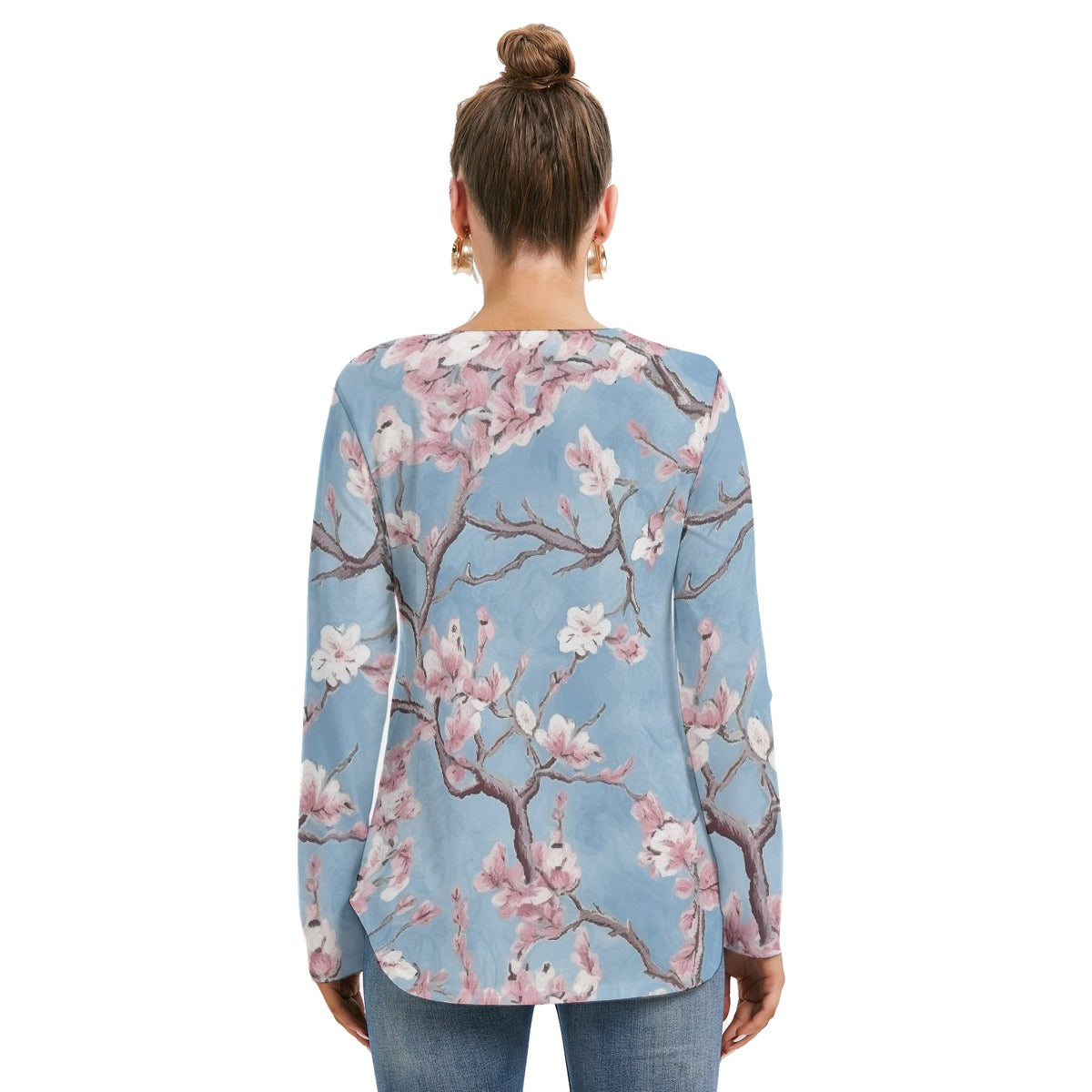 All-Over Print Women's Long Sleeve Neckline Tie Sweatshirt