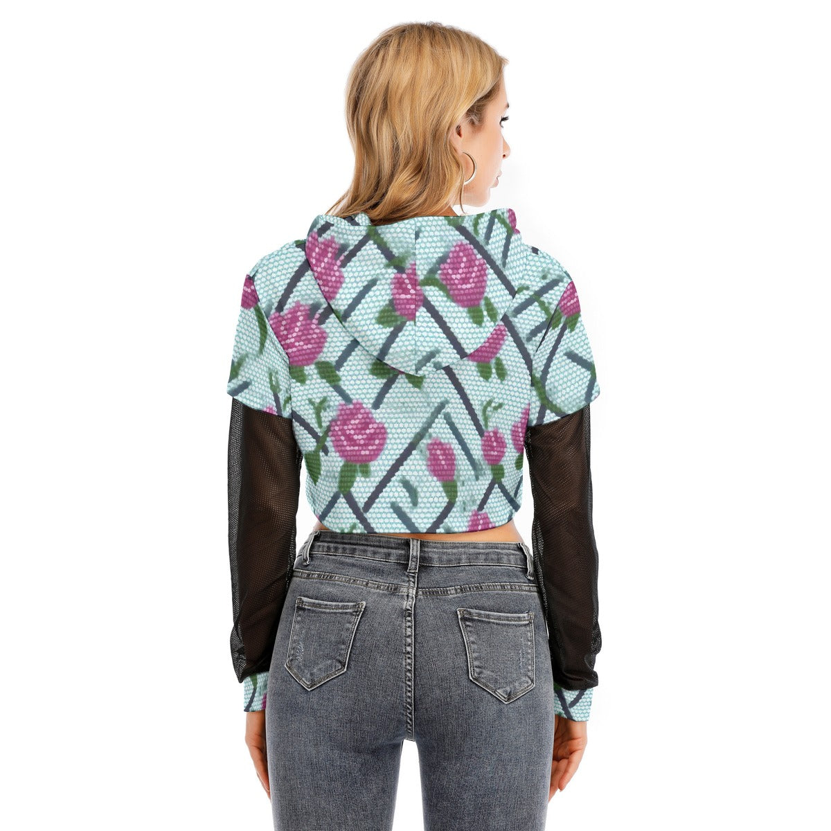 All-Over Print Women's Fake Two-piece Mesh Sleeve Cropped Hoodie