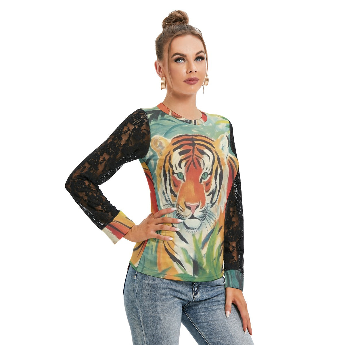All-Over Print Women's T-shirt And Sleeve With Black Lace