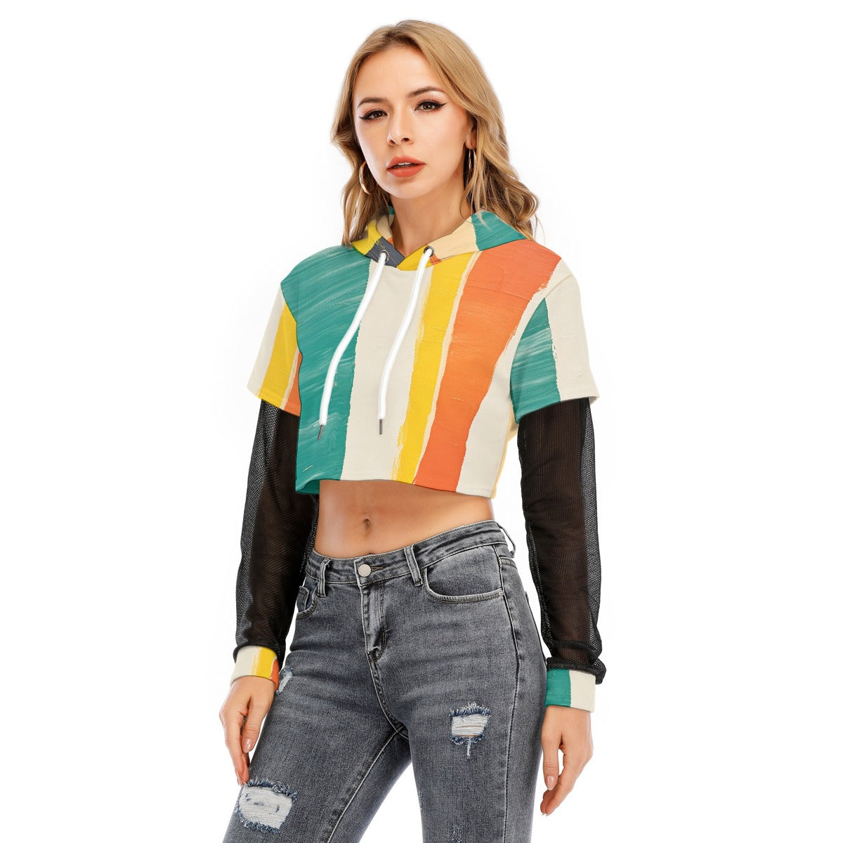 All-Over Print Women's Fake Two-piece Mesh Sleeve Cropped Hoodie