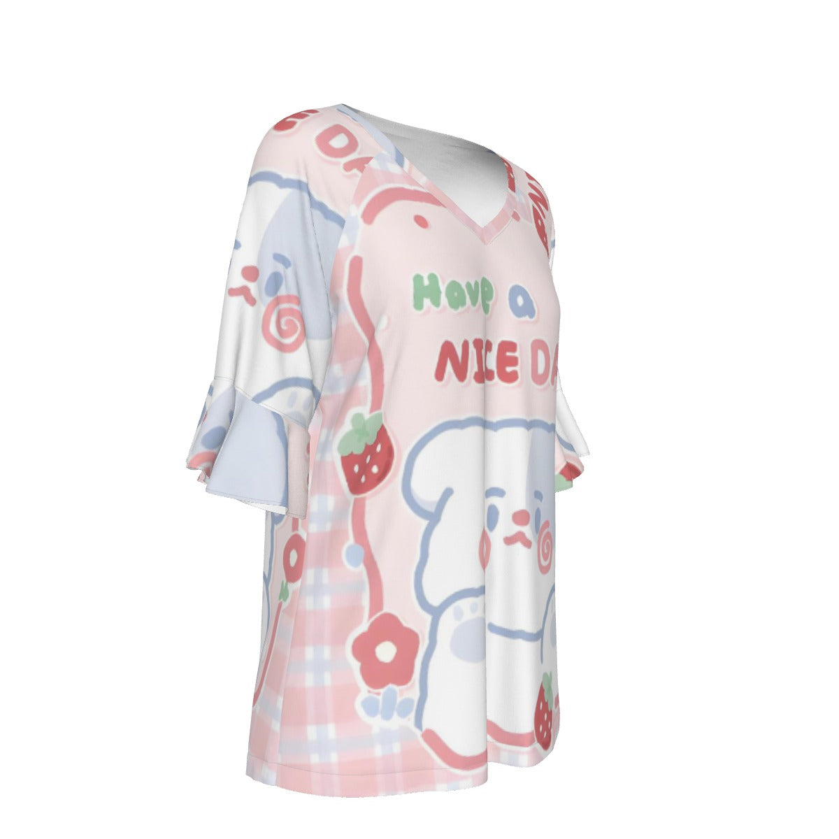 All-Over Print V-neck Women's T-shirt With Bell Sleeve