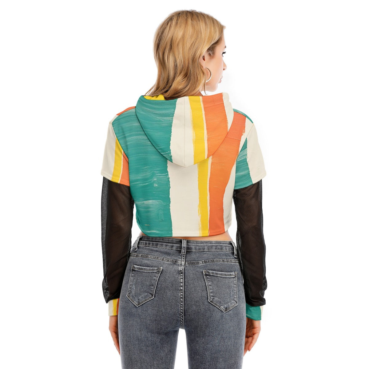All-Over Print Women's Fake Two-piece Mesh Sleeve Cropped Hoodie
