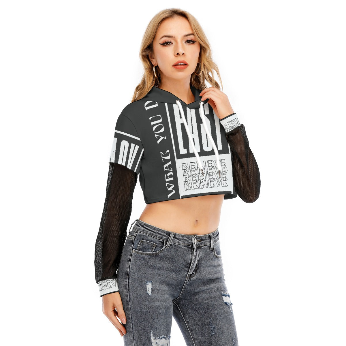 All-Over Print Women's Fake Two-piece Mesh Sleeve Cropped Hoodie