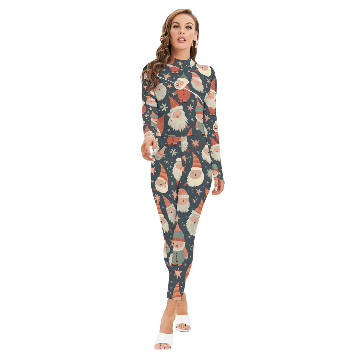 All-Over Print Women's Long-sleeved High-neck Jumpsuit With Zipper