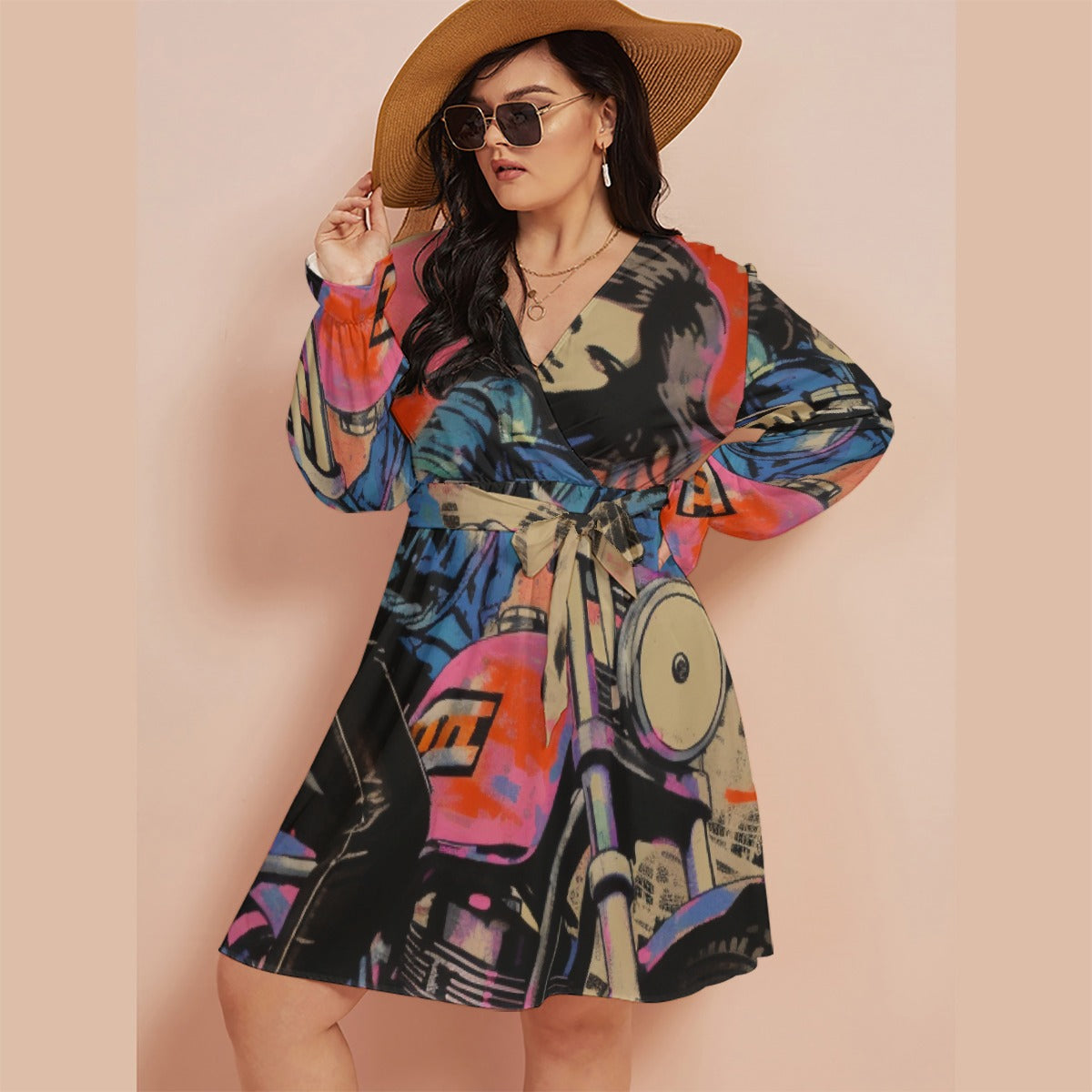 All-Over Print Women's V-neck Dress With Waistband(Plus Size)