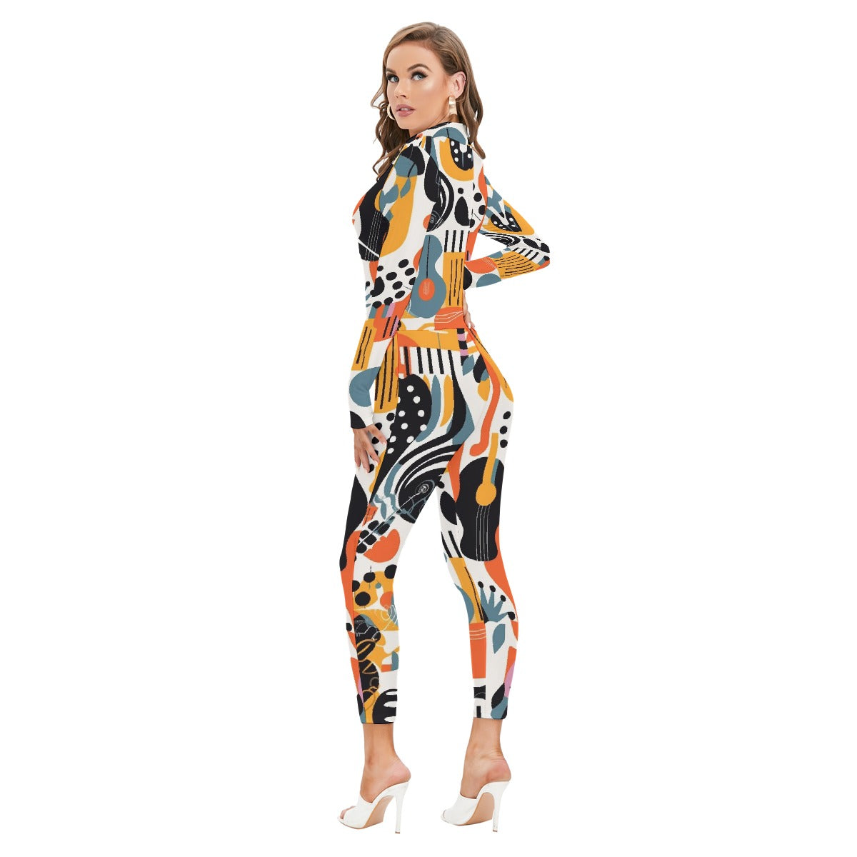 All-Over Print Women's Long-sleeved High-neck Jumpsuit With Zipper