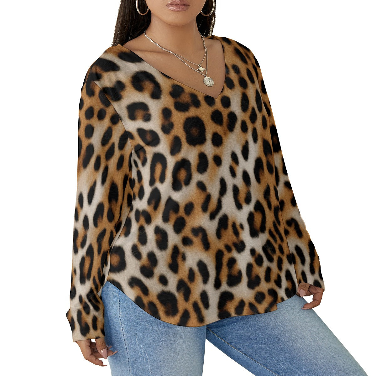 All-Over Print Women's V-neck T-shirt With Curved Hem(Plus Size)