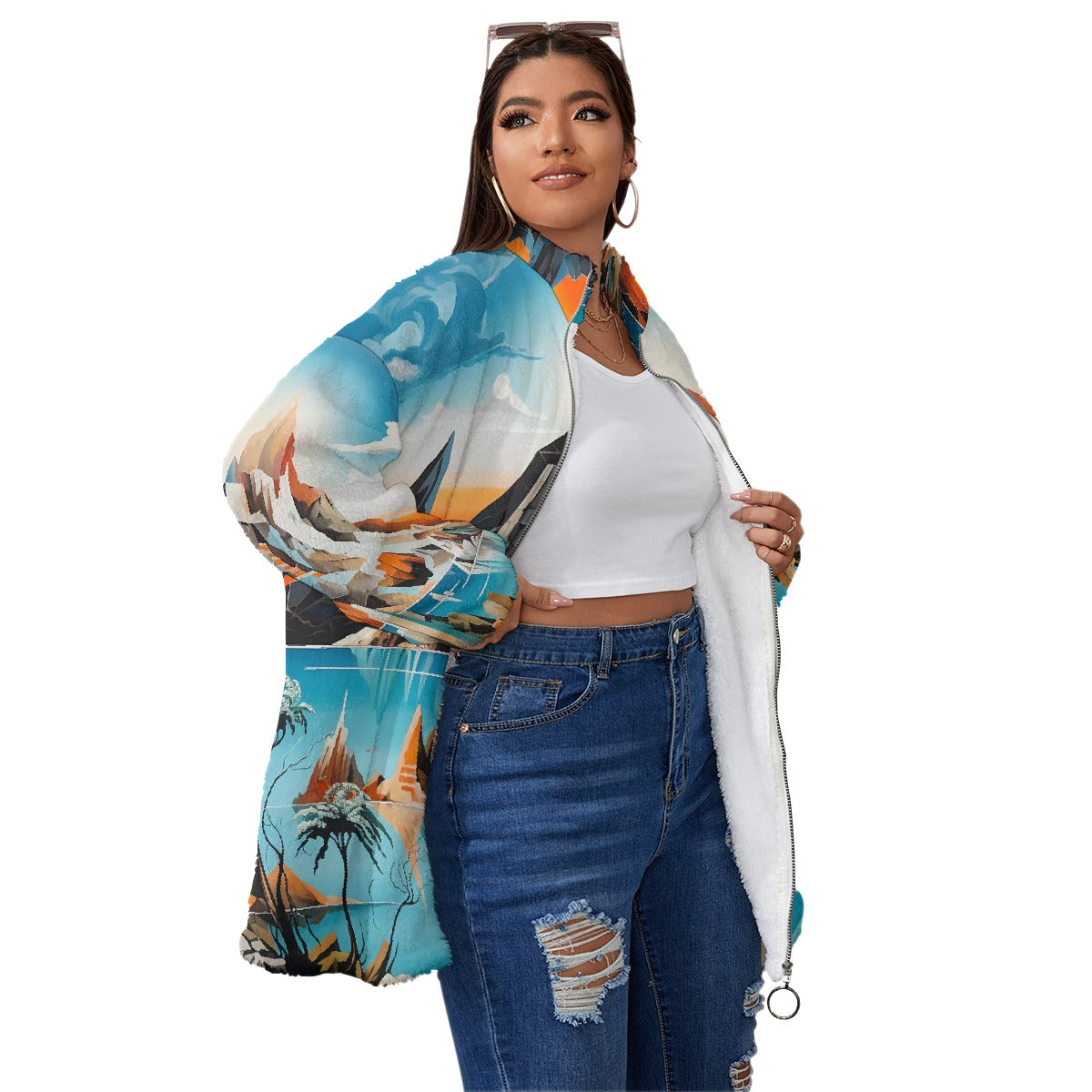 All-Over Print Unisex Borg Fleece Stand-up Collar Coat With Zipper Closure(Plus Size)