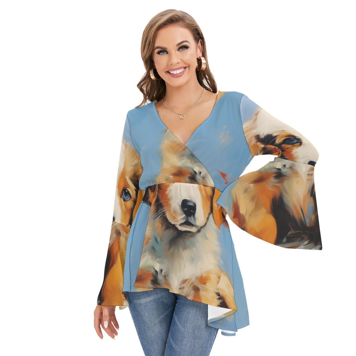 All-Over Print Women's V-neck Blouse With Flared Sleeves