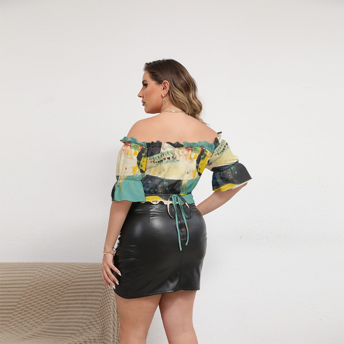 All-Over Print Women's Off-shoulder Cropped Top With Short Puff Sleeve