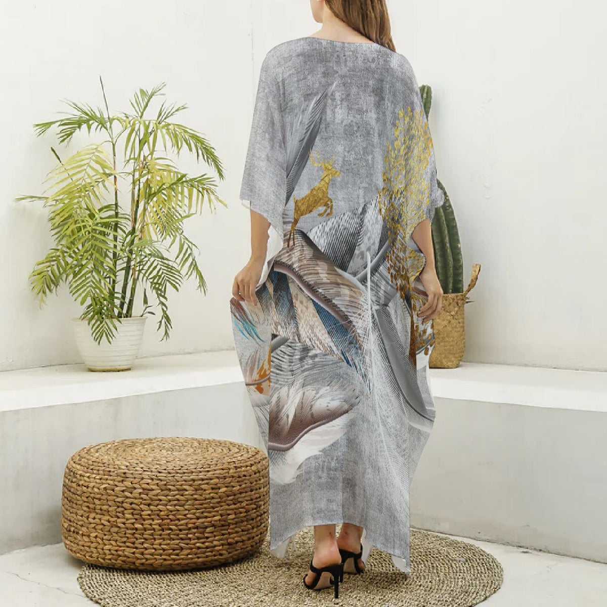 All-Over Print Women's Imitation Silk V-neck Kaftan Robe