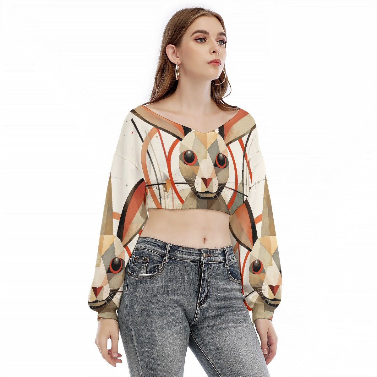All-Over Print Women's V-neck Long Sleeve Cropped Sweatshirt